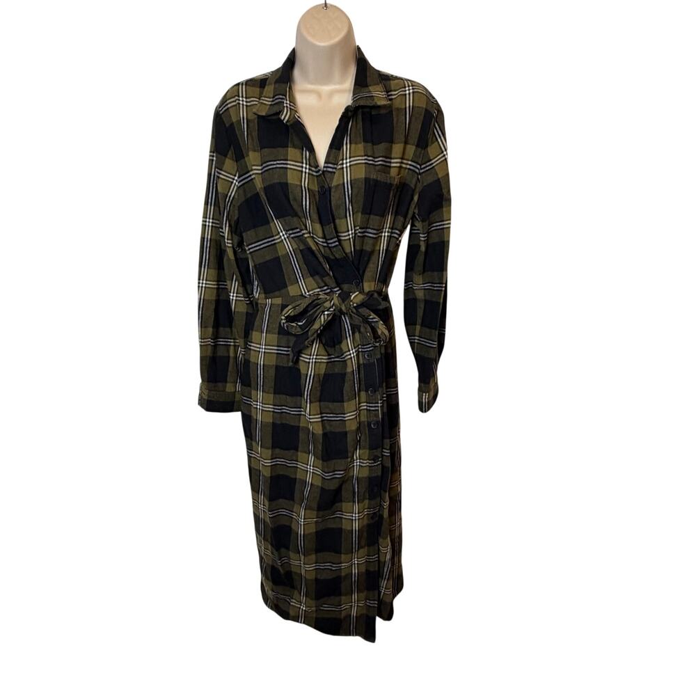 Garnet Hill Eva Organic Cotton Flannel Shirt Dress Olive Black Plaid Size 12